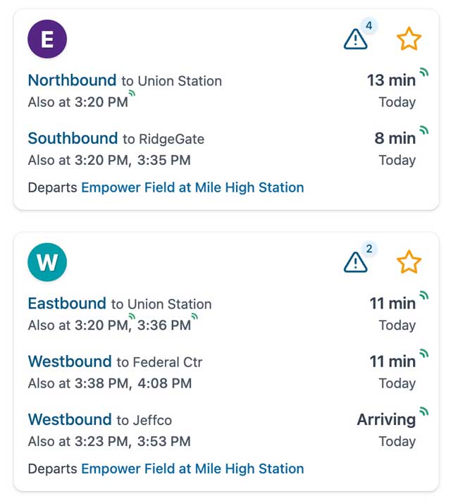 Example route cards with real-time information